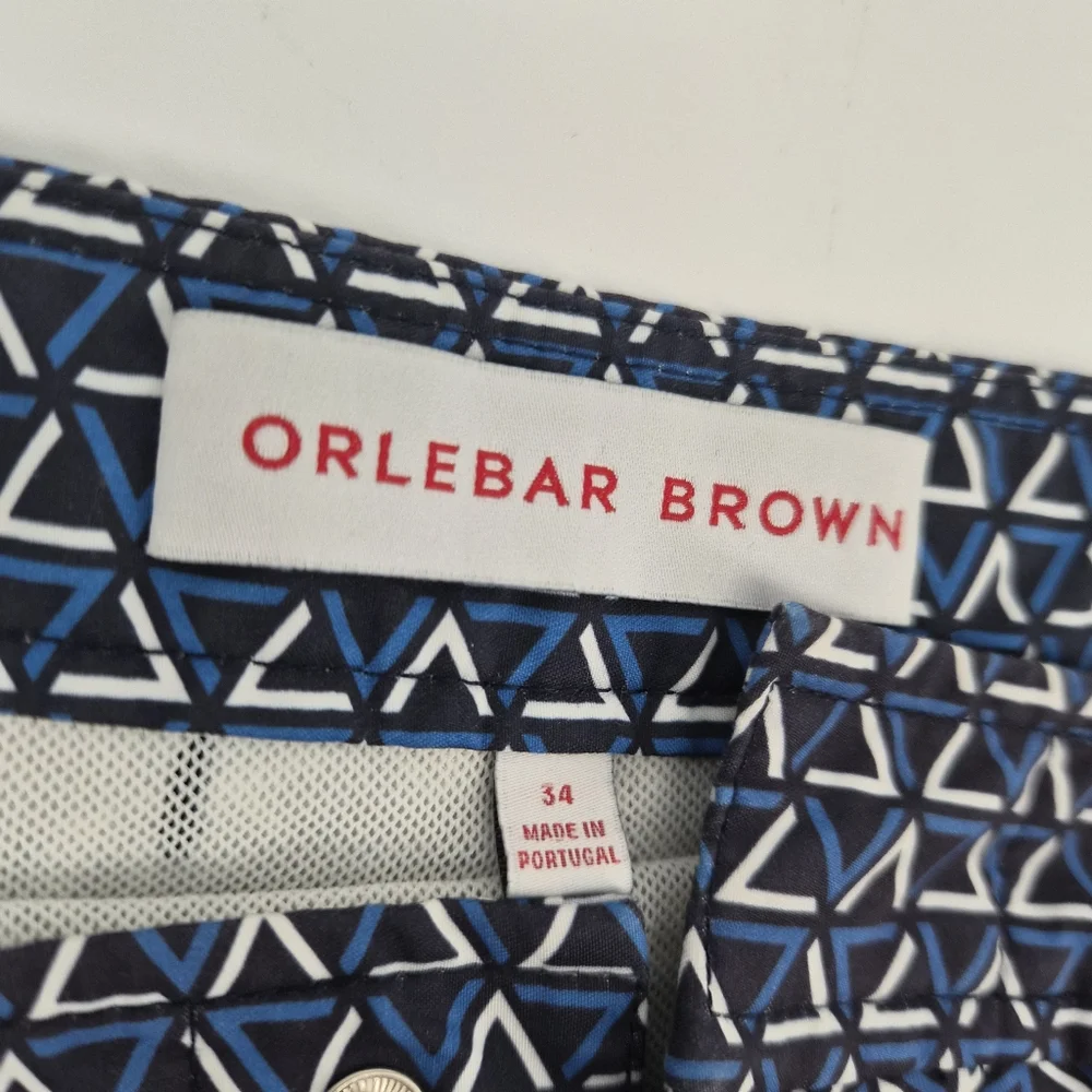 Orlebar Brown Bulldog Garda Swim Shorts Blue/White Geometric Print Tailored Fit - Picture 8 of 13